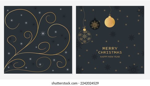 New Year Christmas greeting background, card poster, with festive elements and text in black and gold color. Premium - Powered by Shutterstock