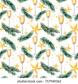 New year and Christmas seamless pattern with champagne glass, spruce branch and golden Christmas stars, ornament with hand painted new year illustration