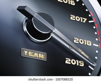 New Year Coming And Passing Time Concept, Car Dashboard Speedometer Dial With Past Years And Approaching 2019, 3d Illustration