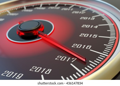 New Year Coming And Passing Time Concept, Car Dashboard Speedometer Dial With Past Years And Arrow Approach 2017, 3d Illustration