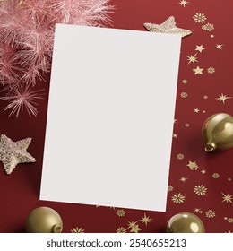 New Year eve celebration or Christmas greeting card with cute golden star, snowflake and ornament decor. Stylish Christmas tree on festive red floor. Xmas card mock up template. Copy space. 3D render - Powered by Shutterstock