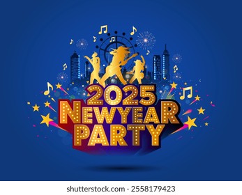 New year eve celebration concept. 2025 newyear party- typo with rockstar, Music, fun, concert, fest, joy and dance show illustration. Greeting card, invitation, post, template, background design. - Powered by Shutterstock