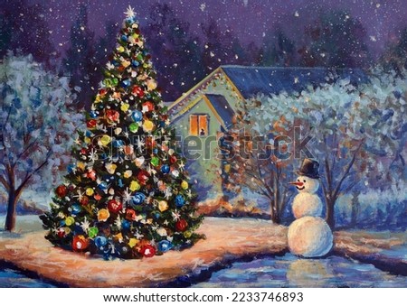 New Year holiday art Christmas tree and happy snowman. Christmas and New Year holiday acrylic painting. Illustration for children's book poster postcard.