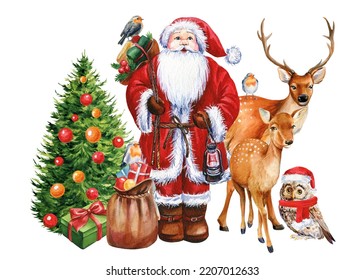 New Year Holiday. Watercolor Santa Claus, Deer, Bird And Christmas Tree Isolated On White Background