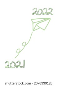 A New Year illustration, a paper plane flying and changing year from 2021 to 2022 with pastel mint color