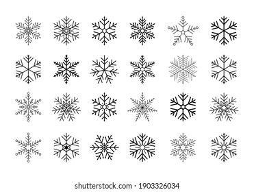 New Year Ornament. Flat Snow Icons, Silhouette. Set Of Black Isolated Snowflakes Icon Silhouette On White Background. Nice Element For Christmas Banner, Cards. 