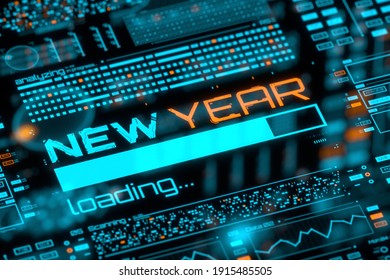 New Year Progress Bar On Digital Lcd Display With Reflection. Abstract Technology Background. 3D Rendering.