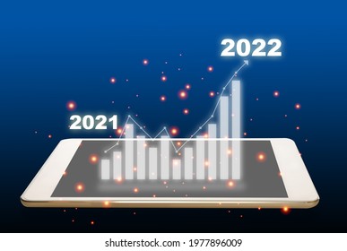 New Year Recovery 2021 To 2022 With Growth Graph On Digital Tablet Computer On Abstract Background. Business Future Ahead Concept And Technology Transformation Investment Idea