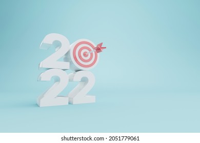 New Year Resolution 2022. Goal Achievement. Ambition Aiming Success. Dartboard And Arrow With Number. 3d Rendering Illustration