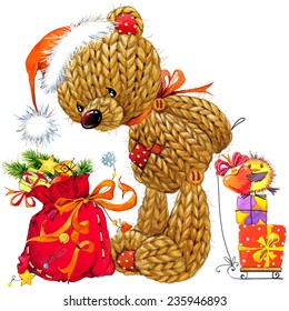 New Year teddy bear and winter decoration  watercolor