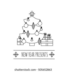 New year tree concept. Rasterized copy illustration of decorated fir with presents boxes.