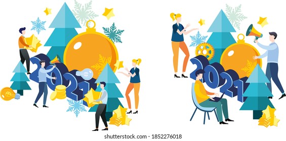  New year's business illustration 2021. Flat design. A group of people, men and women, employees and colleagues are preparing for the new year 2021. Big Christmas tree toy. Christmas tree. - Powered by Shutterstock