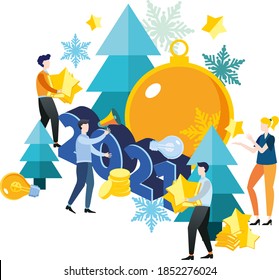  New year's business illustration 2021. Flat design. A group of people, men and women, employees and colleagues are preparing for the new year 2021. Big Christmas tree toy. Christmas tree. - Powered by Shutterstock