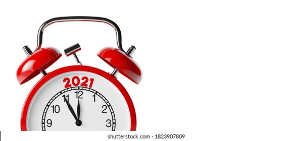 New Years Eve 2021 Concept On A Red Old Fashioned Alarm Clock (3d Rendering)