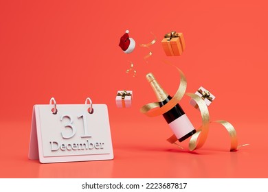 new year's eve celebrations. champagne, gifts and a calendar with the inscription december 31. 3D render. - Powered by Shutterstock