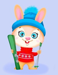 New Year's Fairy Tale Rabbit Is Going Skiing. New Year Of The Rabbit, A Joyful Rabbit In A Blue Hat And A Red Sweater And With Skis In His Paws.
