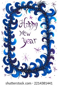 New Year's Greeting In A Decorative Frame Of Frosty Patterns And Purple Snowflakes Isolated On A Solid Background. Decorative Hand-painted In Acrylic.