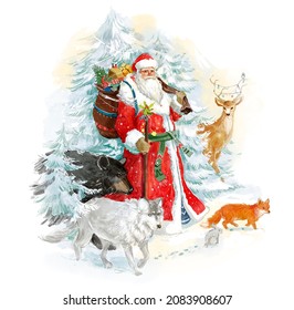 New Year's Santa Claus In The Forest In Watercolor.