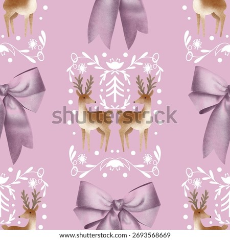 New Year's seamless pattern on a purple background with deer, bows and winter ornaments