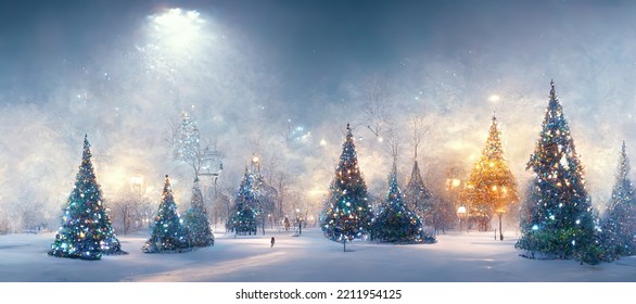 New Year's winter garden with decorated Christmas trees. Festive New Year decorations, festive city. Christmas lanterns, decorated street, winter, snow. Fantasy Concept art, Digital painting.