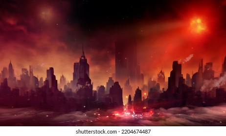 New York After A Terrible Apocalyptic Disaster Event. UFO, Impact, War, Supernatural, Monster, Underworld, Upsidedown World, 3D Rendered Image