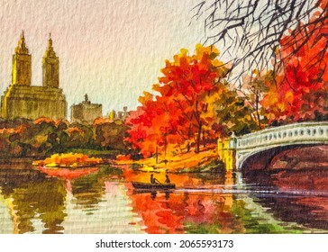 New York Central Park. Beautiful Autumn, Lake, Boat, Bridge. City NYC. Watercolor Painting. Acrylic Drawing Art. A Piece Of Art. 