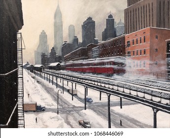 New York City, El train operating on a winter morning, 1940s.