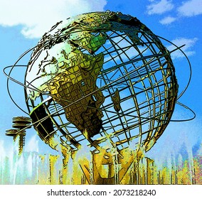 NEW YORK CITY NY UNITED STATES OF AMERICA 09 13 1999 : Unisphere is a spherical stainless steel representation of Earth in Flushing Meadows Corona Park  sign illustration pop-art background colors 