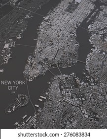 New York City, Satellite Map View, Map In Negative, 3d Roads And Buildings