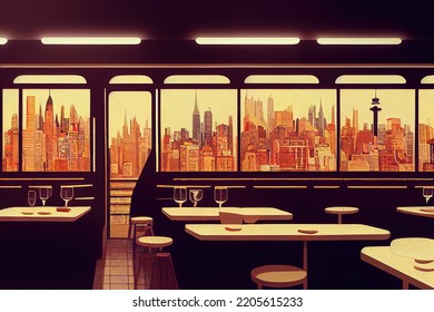 New York City Skyline View From Diner Window Illustration