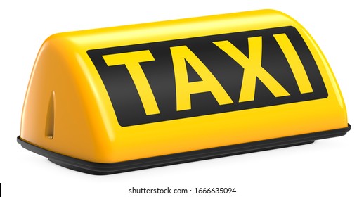New York City style taxi sign for cab Isolated on white background. 3d rendering Illustration of Yellow Taxi sign on automobile roof.