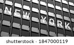 NEW YORK city, USA Text. Split flap Airport white letters on Solari board display, black background, Passengers information for flight destination. 3d illustration