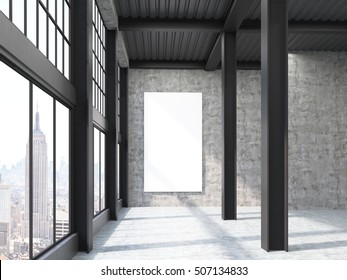 New York Factory Building With Pillars And Large Vertical Poster On The Wall. Concept Of Reusing Factories For Other Purposes. 3d Rendering. Mock Up.