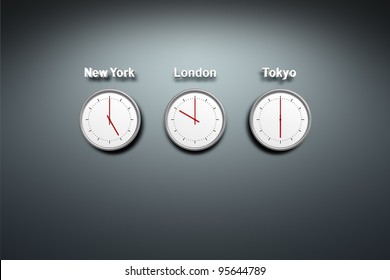 New York - London - Tokyo - time 3 clocks at the wall