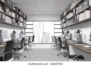 New York office interior. City seen through window. Computers on desks. Binders, folders and boxes on shelves above working places. Concept of productive work. 3d rendering.  - Shutterstock ID 461027053