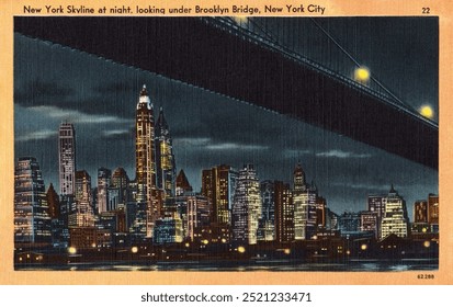 New York skyline at night, looking under Brooklyn Bridge, New York City chromolithograph. Vintage New York landscape art drawing illustration, old NY city landscape scenery painting art print. - Powered by Shutterstock