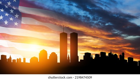 New York Skyline Silhouette With Twin Towers And USA Flag At Sunset. 09.11.2001 American Patriot Day Banner.