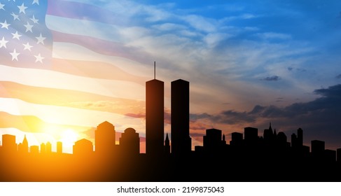 New York skyline silhouette with Twin Towers and USA flag at sunset. 09.11.2001 American Patriot Day banner. - Powered by Shutterstock