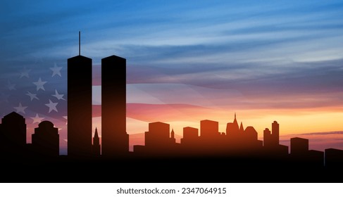 Silhouette de perfil de Nueva York con Torres Gemelas y bandera de los Estados Unidos al atardecer. 09.11.2001 Banner del Día del Patriota Estadounidense.