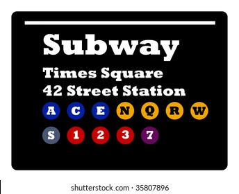 New York Times Square subway train sign isolated on black background.