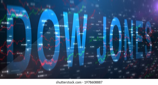 NEW YORK, USA - CIRCA 2021: Dow Jones, or Dow is a stock market index that measures performance of 30 large companies listed on stock exchanges in the United States - Editorial illustration rendering