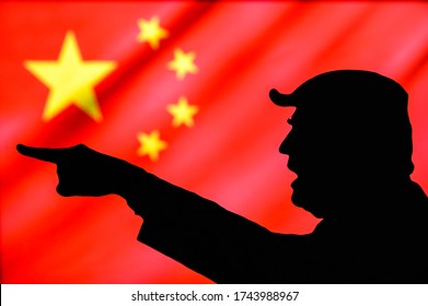 NEW YORK, USA, MAY 25, 2020: US President Donald Trump and his conflict with China. Angry Trump showing hand, flag of the Republic of China in the background. illustration photo, edit space