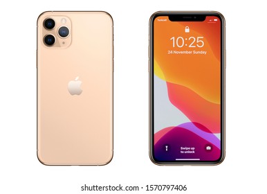 New York, USA- November 24, 2019: Front and back view of new  iPhone 11 Pro Gold smartphone.