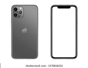 New York, USA- September 01, 2019: Front And Back View Of New  IPhone 11 Pro Grey Smartphone Mock Up With Blank Screen. 