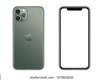 New York, USA- September 01, 2019: Front And Back View Of New  IPhone 11 Pro Green Smartphone Mock Up With Blank Screen. 