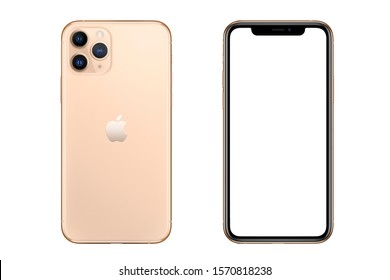 New York, USA- September 01, 2019: Front And Back View Of New  IPhone 11 Pro Gold Smartphone Mock Up With Blank Screen. 