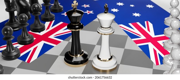 New Zealand And Australia Conflict, Clash, Crisis And Debate Between Those Two Countries That Aims At A Trade Deal And Dominance Symbolized By A Chess Game With National Flags, 3d Illustration