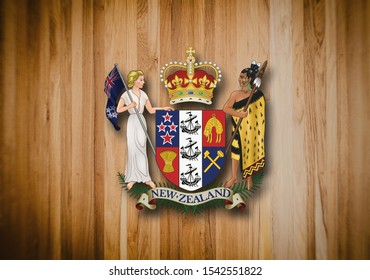 New Zealand Coat Of Arms On Wooden Background.