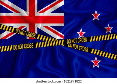 New Zealand Flag, The Don't Cross The Line Mark And The Location Tape. Crime Concept, Police Investigation, Quarantine. 3d Rendering