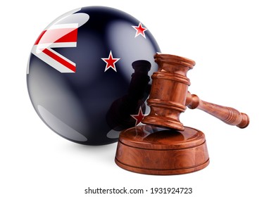 New Zealand Law And Justice Concept. Wooden Gavel With Flag Of New Zealand. 3D Rendering Isolated On White Background